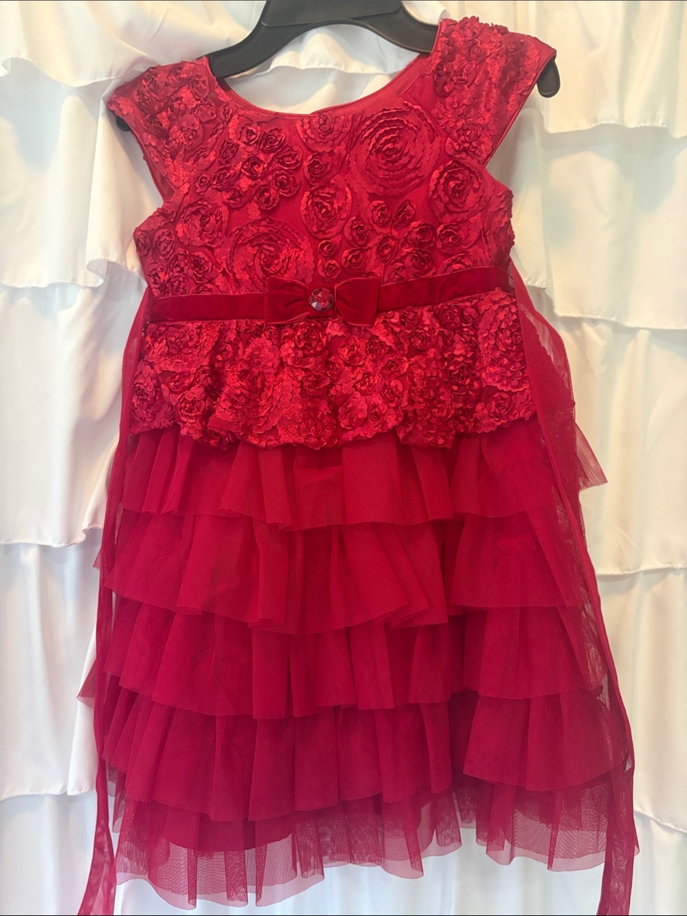 Jona Michelle Red Rosette Tiered Tulle Dress
